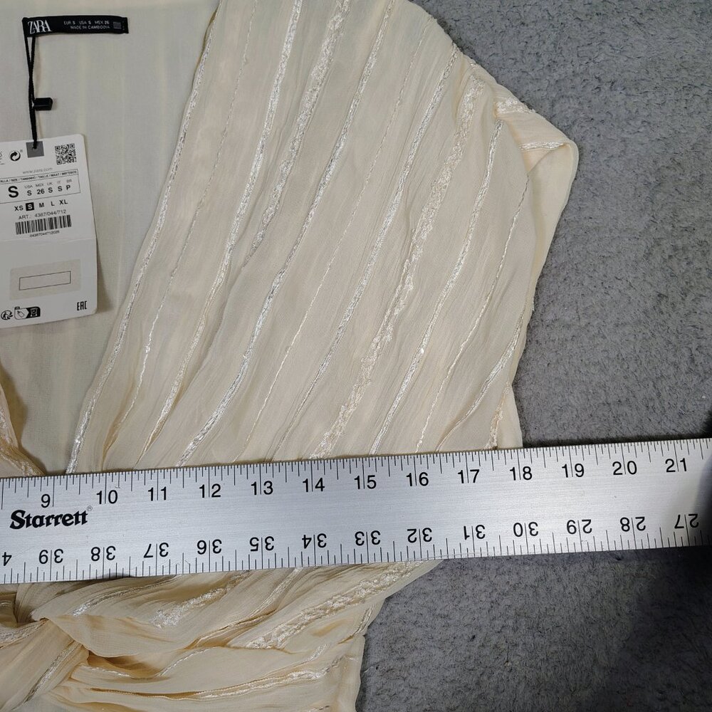 Zara Crop Top Women's Small Cream Striped Shimmer Knotted Hem Blouse Boho NWT - Picture 10 of 11